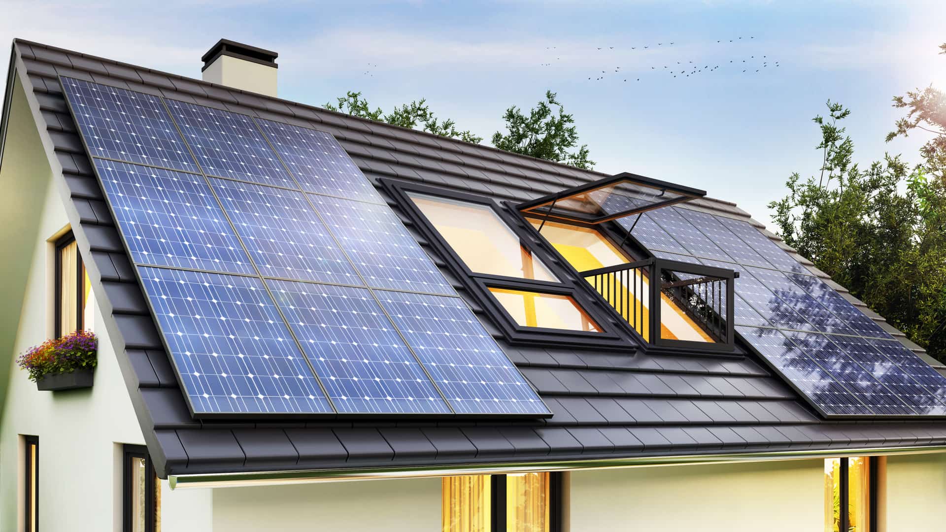 Casa con placas solares en el tejado obtenidas mediante un alquiler de las mismas
