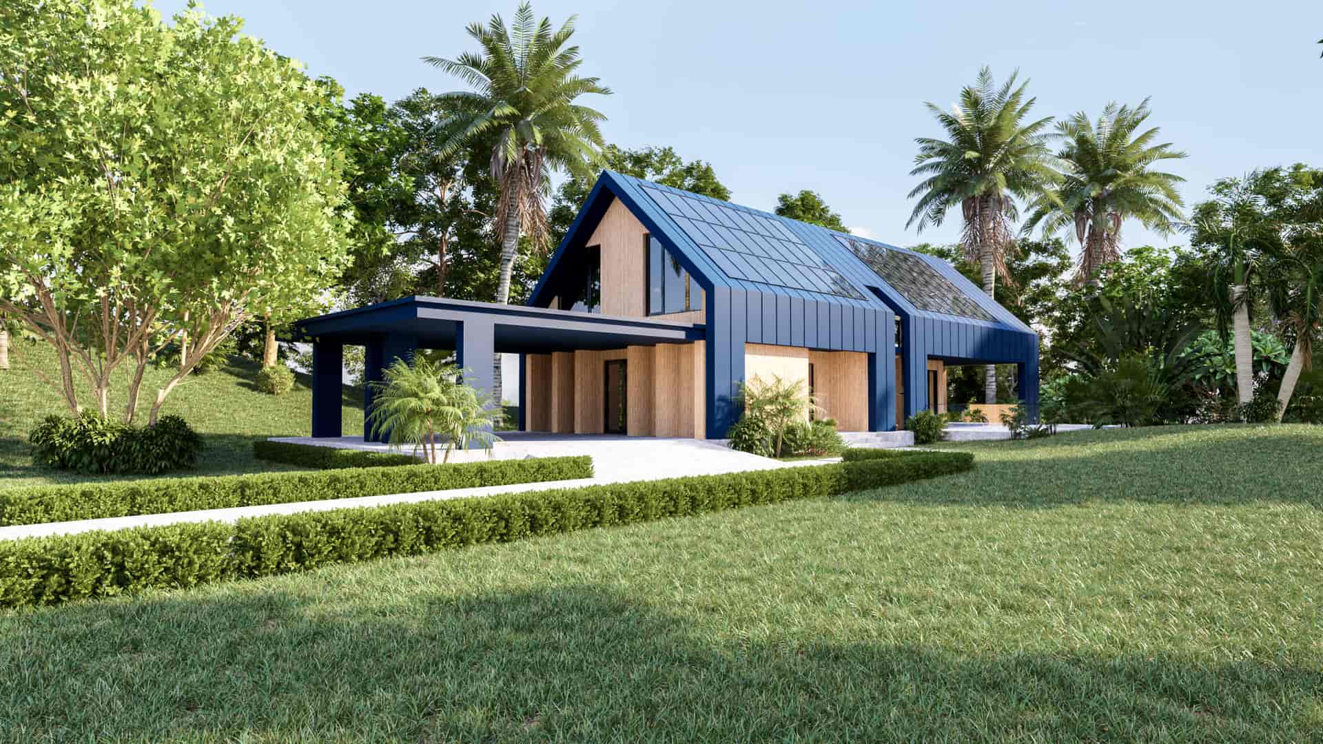 Casa moderna con placas fotovoltaicas en el tejado, uno de los tipos de energía solar renovable