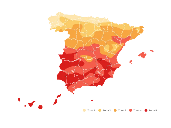 Mapa de la radiación solar en España dividido por las cinco zonas